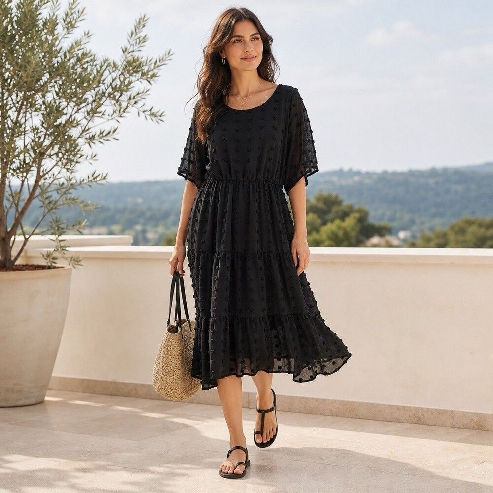 Black Sheer Swiss Dot Midi Dress Women’s Witchy Goth Whimsigoth Lined Sz 4X